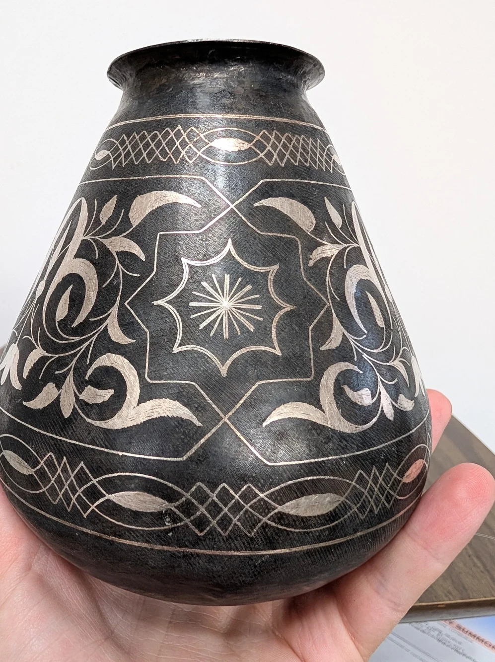 Antique Islamic Indo-Persian Bidriware Gray With Silver Koftgari Florals Vase